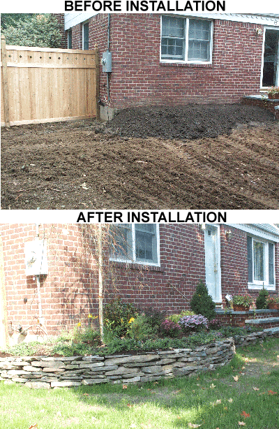New Seed Lawn, Pennsylvania Stone Wall and Planting  installed in East Northport, New York